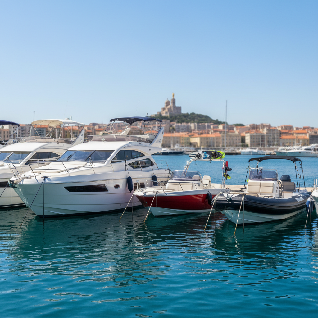 A collection of different rental boats docked side by side in Marseille’s Vieux-Port: a modern white motor yacht, a compact open-hull speedboat, and a comfortable semi-rigid RIB, all immaculate with polished decks and tidy equipment. The water is a deep, clear blue, lightly rippled, reflecting the boats’ hulls. In the distance, the basilica of Notre-Dame de la Garde crowns the hill, softly out of focus. Bright, crisp midday sunlight from a clear sky illuminates the scene, enhancing whites and blues. Photographic realism, shot from a slightly elevated angle to capture the lineup of boats, with balanced composition and sharp detail throughout, creating a dynamic yet professional atmosphere ideal for a rental fleet showcase.