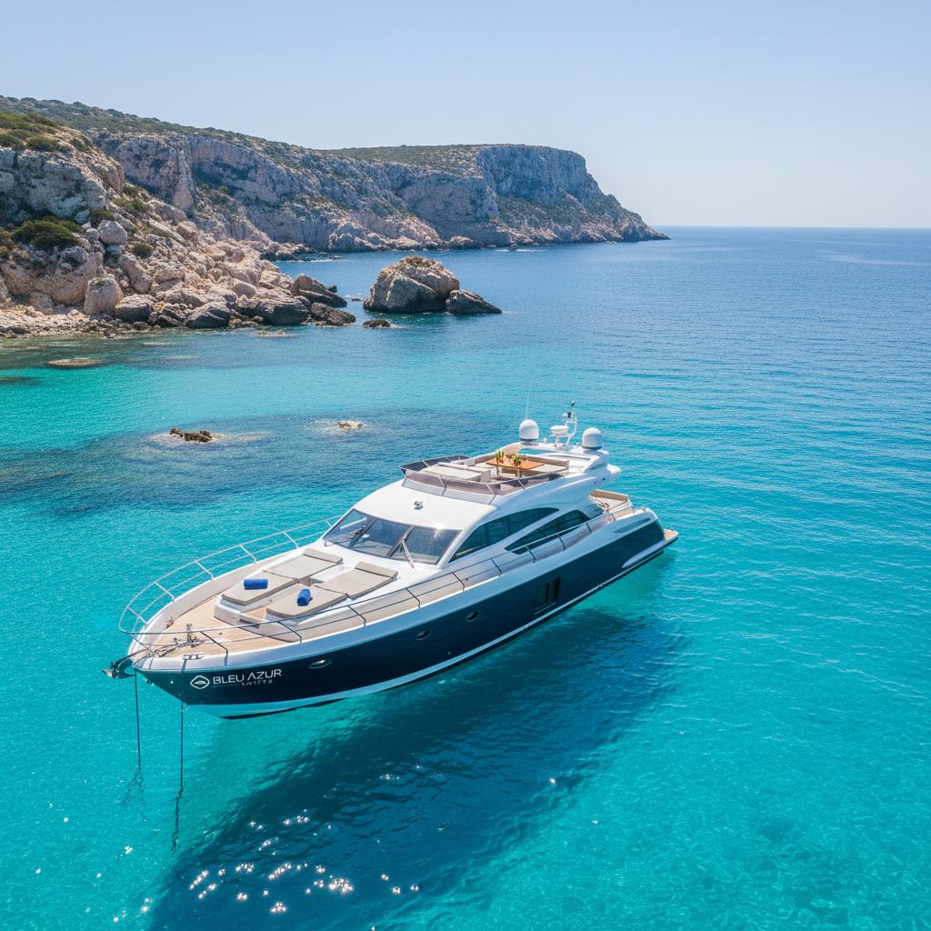 High-end rental boat anchored off the Côte Bleue near Marseille, rocky coastline and open sea visible, no calanques national park, midday crisp light, top-down or three-quarters angle, professional fleet style