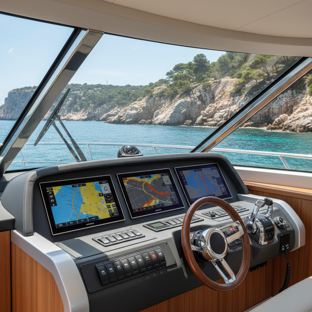 Close-up of a premium boat helm and console on the Côte Bleue, sea and rocky coastline glimpsed through the windshield, modern instruments and wheel, no calanques national park, clean editorial look